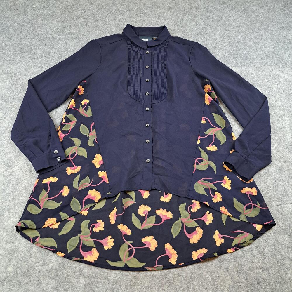 Maeve Shirt Womens 2 Blue High Low Tunic Floral Contrast Back Button